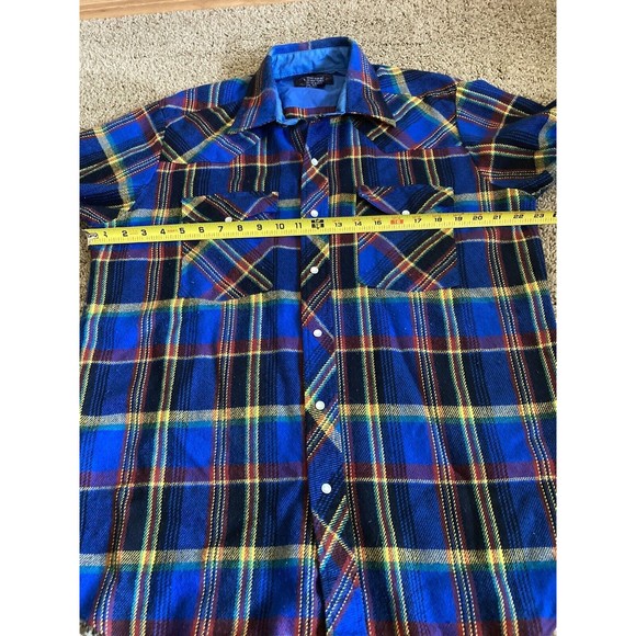 Vintage William's Bay Men's Flannel Shirt Blue Yellow, Red, Pearl Snap Large - Picture 6 of 15